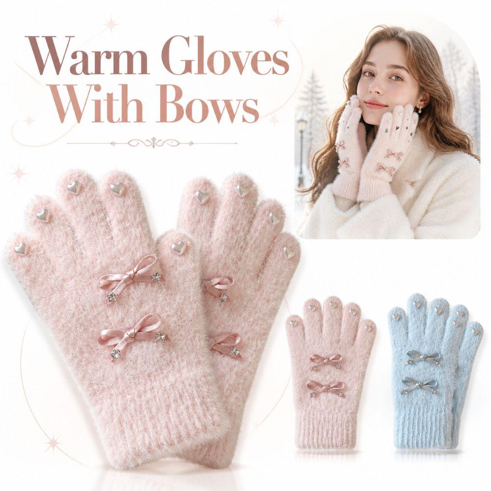 Kawaii Bow Warm Gloves Thickened Cycling Gloves Korean Style Knitted Knitting Wool Gloves