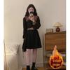 Plus Size Color Block Velvet Corduroy Dress - Retro Long Sleeve, Waist-Cinched Skirt for Autumn/Winter