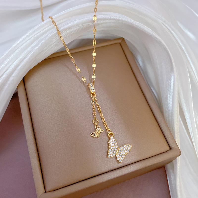 Butterfly Heavy Industry Necklace Women'S Copper Micro-Inlaid Real Gold Electroplating Delicate Clavicle Chain Neck Chain
