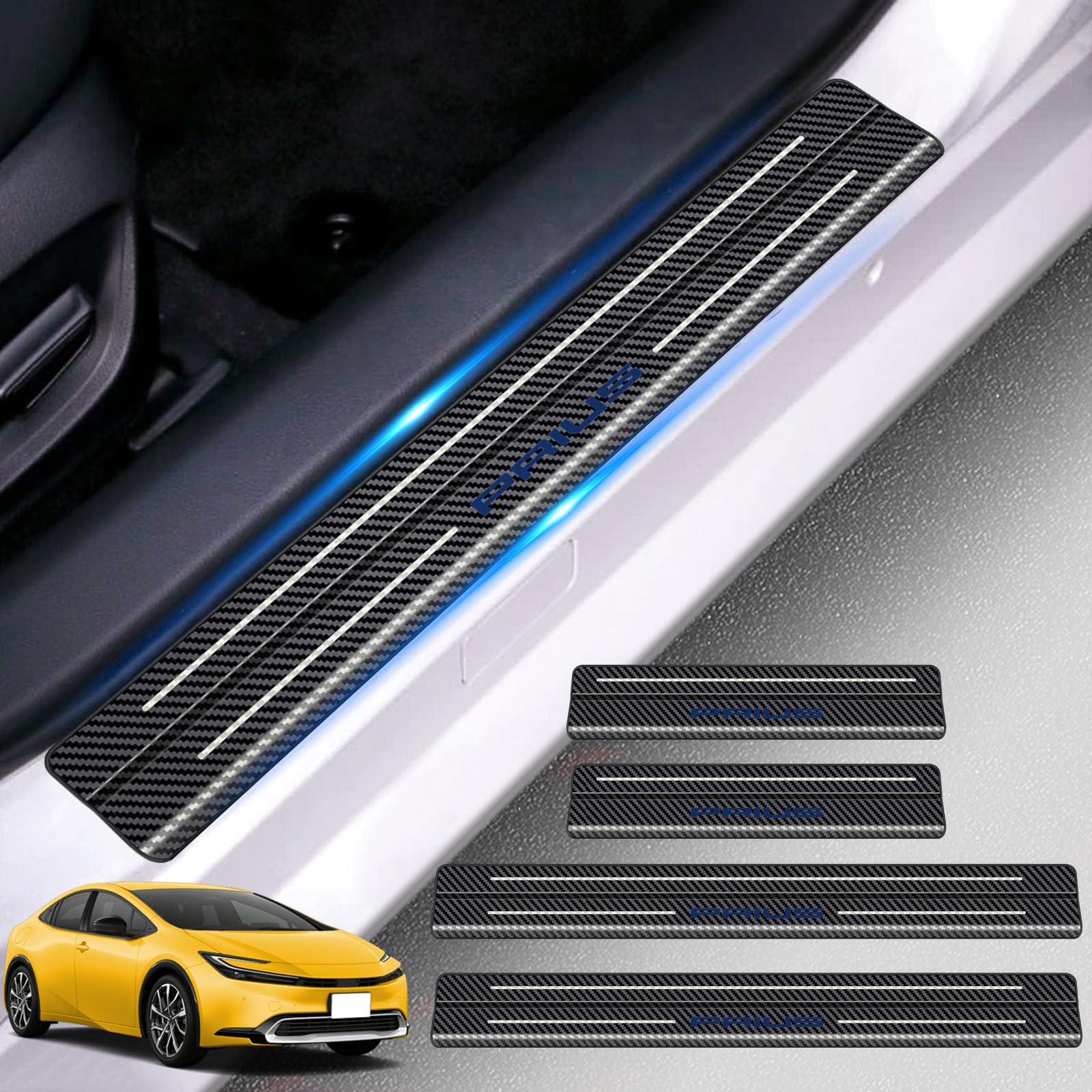 

HUDIY Prius 60 Series Stainless Steel Side Step Guards Fiber Pattern with Blue Door Scuff Luggage Step Covers with and Includes Japanese Instruction