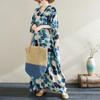 DIMANAF 2024 Plus Size Summer Dress Beach Women V-Neck Maxi Floral Print Holiday Soft Dot Blue Linen Loose Dresses
