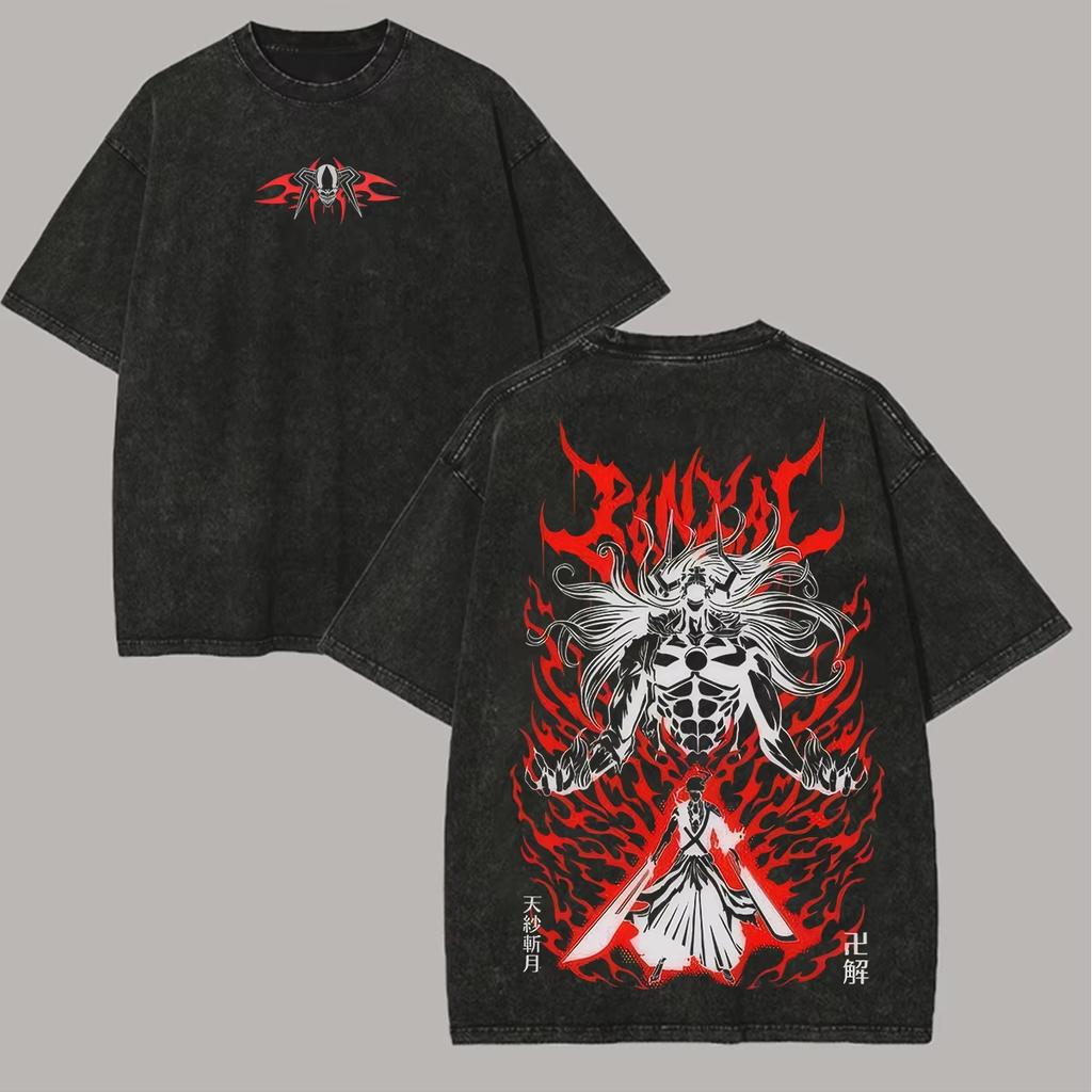 2026 Black Vintage Washed Cotton Loose Y2K Streetwear T-shirt with Double-sided Anime Print of Ichigo Kurosaki from Bleach