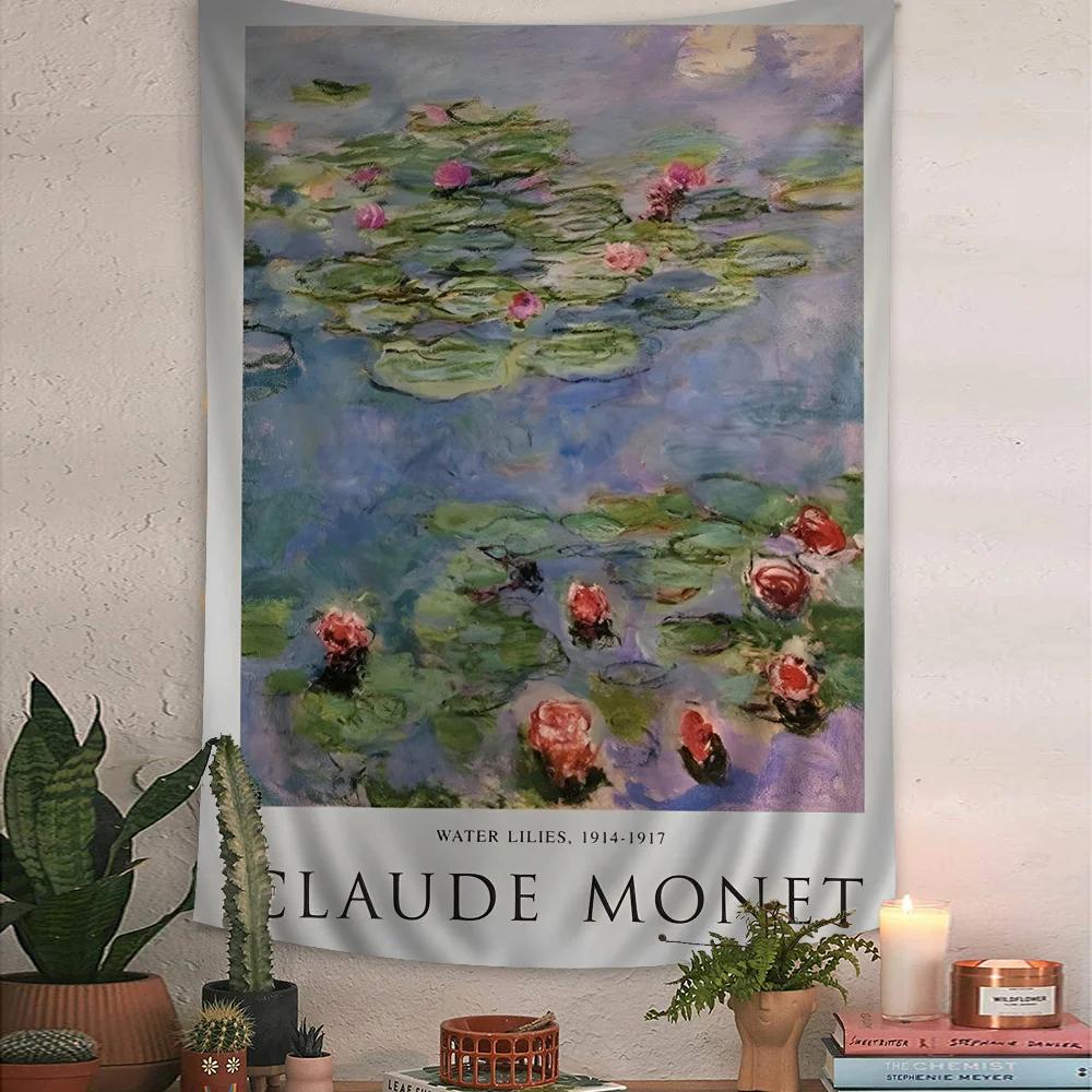 VIKAMA Artistic Style Monet Water Lilies Tapestry Bedroom Atmosphere Enhancer Living Room Wall Decor Tapestry Room Decoration