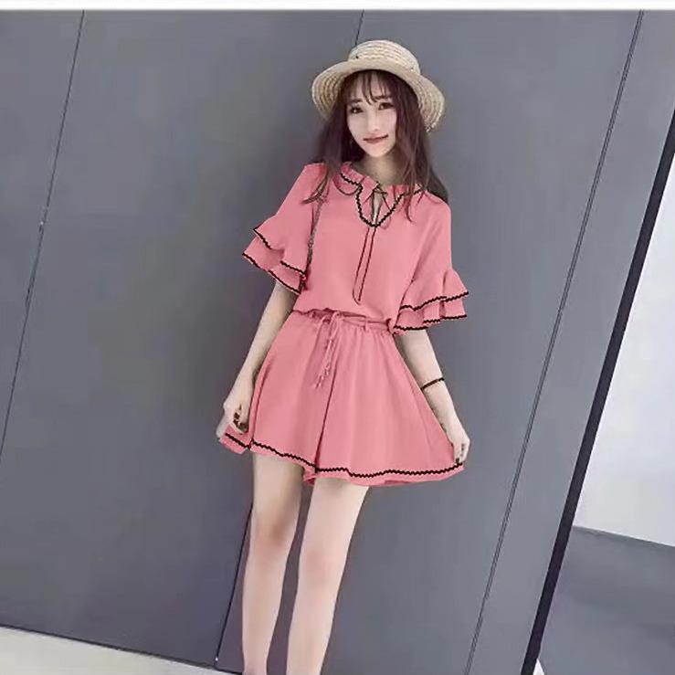 2024 Summer Women’s Korean Hong Kong Style Casual Lotus Sleeve Top & High Waist Wide Leg Shorts Set