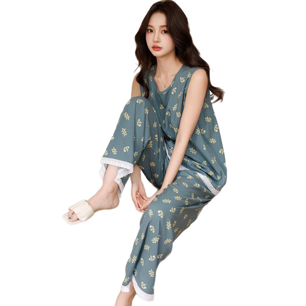 Summer Thin Sleeveless Pajamas Women's Cotton and Silk Floral Lace Wide-leg Pants Loose and Cool Loungewear Can Be Worn Outside Set