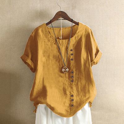 Women Tops Round Neck Short Sleeve Loose Fit T-shirt Solid Color Buttons Decor Casual Pullover Tops