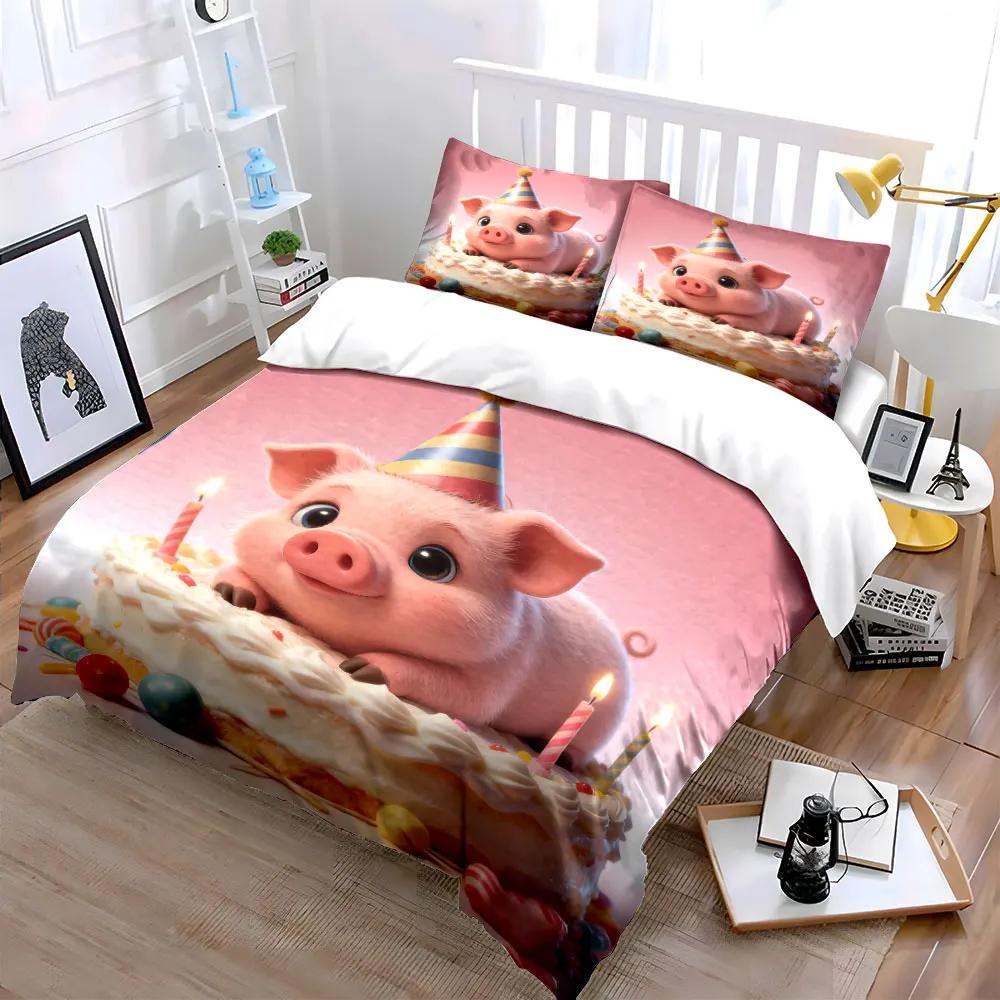 Cute Birthday Pig Decoration Set Soft Comfortable Duvet Cover Bedding Set Included 1*Duvet Cover & 2*Pillowcases Gift