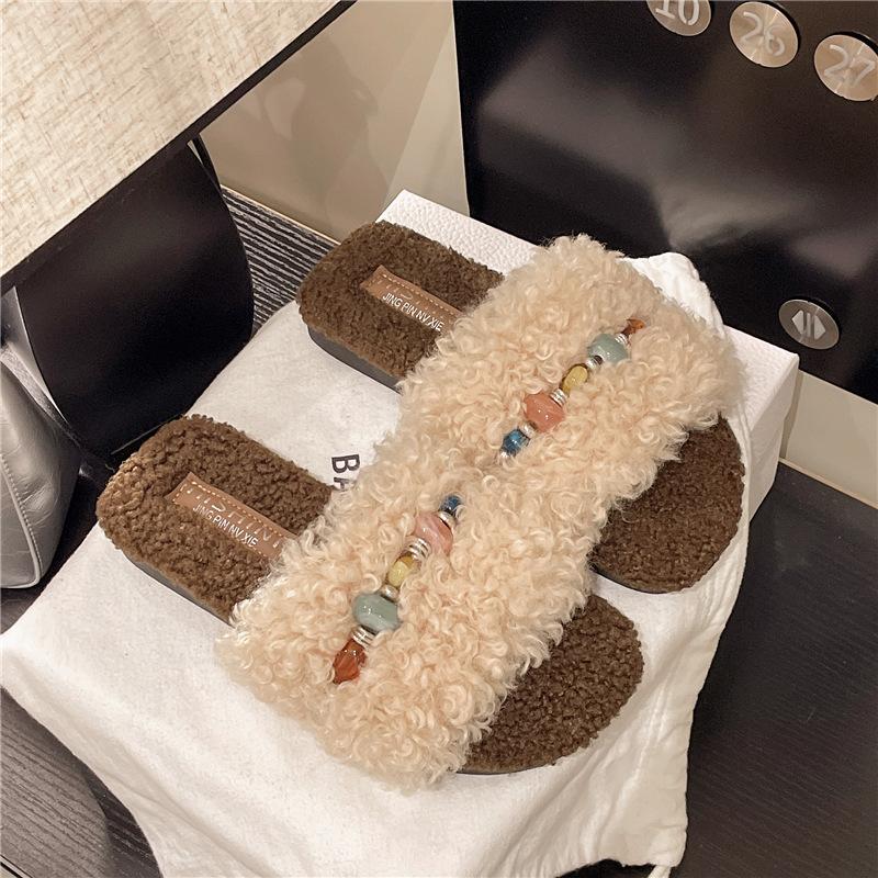 

Интернет-знаменитость коричневые популярные пушистые тапочки женские осенне-зимние 2025 новые толстая подошва повседневные домашние пушистые хлопковые шлепанцы 40 бежевый