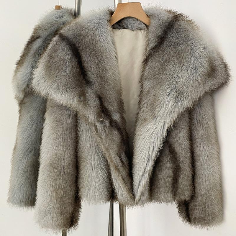 Winter-Kunstpelzmantel Damen Kunstfuchsfell Kurz Mode Gestreifter Reversmantel