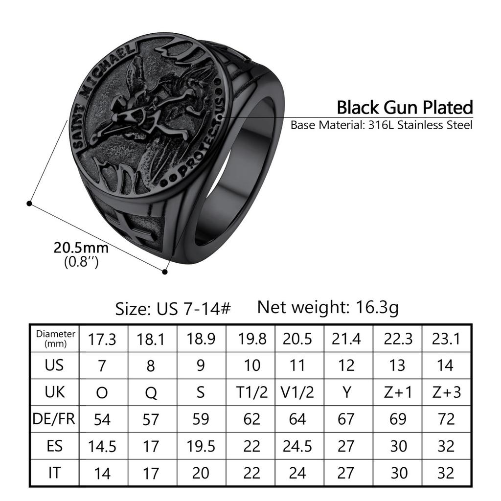 Round Signet Rings for Men Woman Catholic Archangel Saint Michael Amulet Black & Gold Color Stainless Steel Jewelry Gift Ring