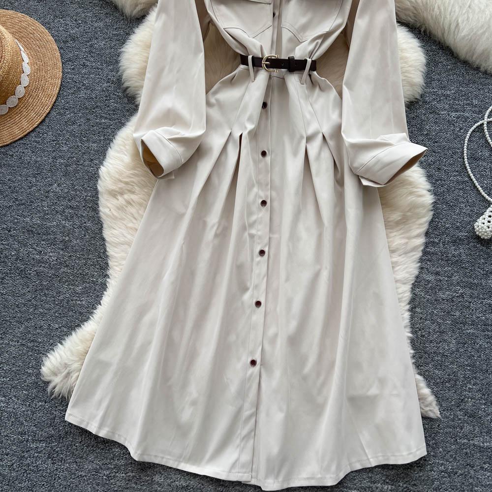 French Light Maturity Minimalist Retro Lapel Long Sleeve Single Button Waist Cinching Dress Women Autumn Slim Fit Elegant Maxi Dresses