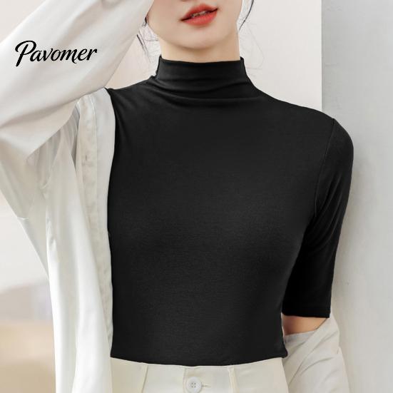 Pullover Top Summer Tops Turtleneck Solid Color Half Sleeve Slim Fit Smooth Women Shirt Wear Stretch Layer Comfy High Neck Daily Bottoming