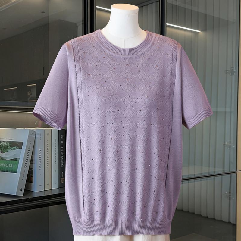 Women Plus Size Round Neck Short Sleeve Knit Sweater Rhinestone Diamond Jacquard Knit Top
