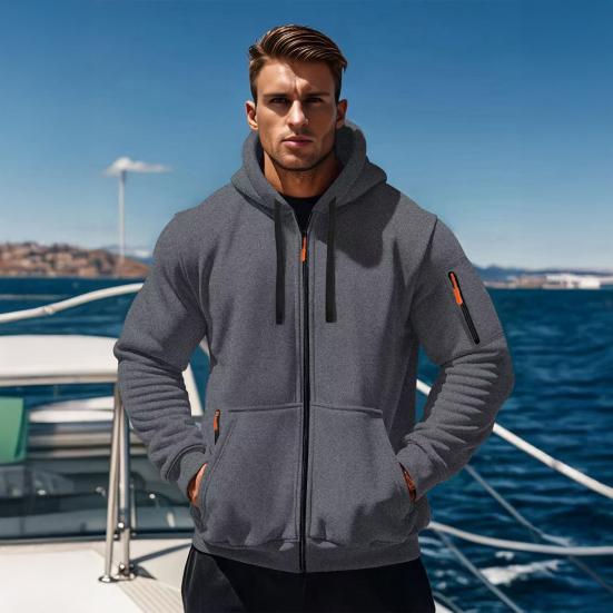 Men Coat Long Sleeve Zipper Closure Hooded Sweatshirt with Large Pockets Solid Color Velvet Thickened Warm Outerwear