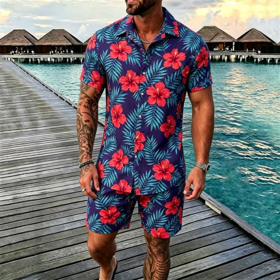 Men's Tropical Floral Print Two-piece Set, Short-sleeve Shirt and Shorts, Perfect for Casual Gatherings