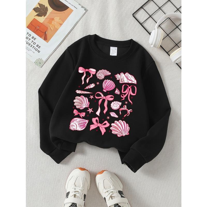 European Sizes Girls Soft Crewneck Sweatshirt Pink Seashells Bows Stars Pattern, Casual All-Match, Ideal Holiday Present