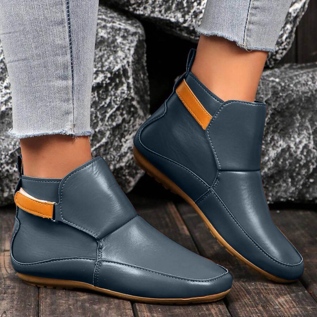 Women's Short Shoes Fashion Casual Flat Solid Color Leather Outerwear Ankle Boots Flat Boots for Women Toe
