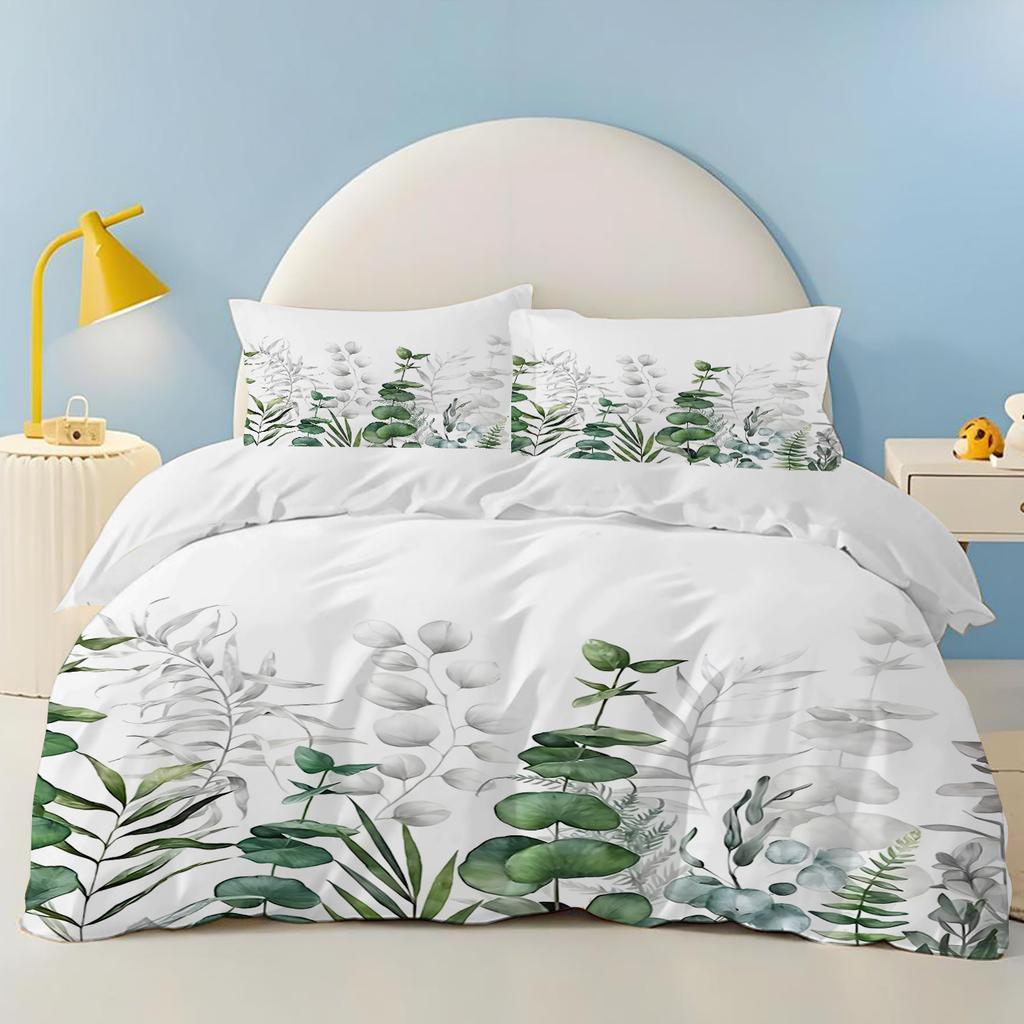 Green plants Palm leaves 100% PolyesterAnime Printed Bedding Set Duvet Cover Queen Cotton Cute Printed Cartoon Quilt Cover