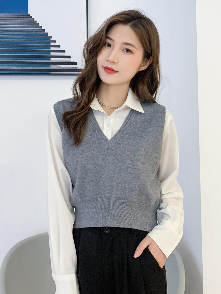 Women's Korean Style Knit Pullover Vest - Casual College Sweater Top