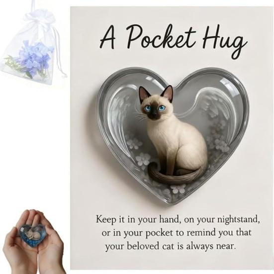 Cat Memorial Pocket Hug with Inspirational Card Emotional Support Heart-Shaped Sleeping Cat Charm Keepsake Figurine Decoration Cat Owners Lovers Gift