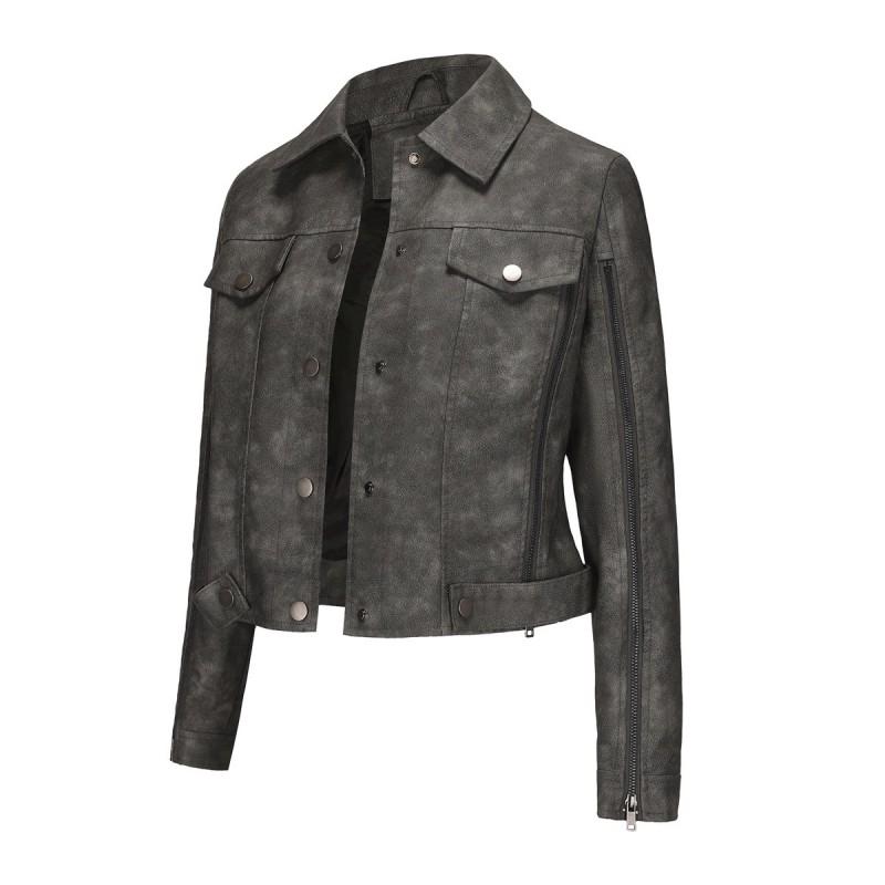 Womens Faux Leather Biker Jacket With Multiple Zippers Long Sleeve Open Front Coat Lightweight