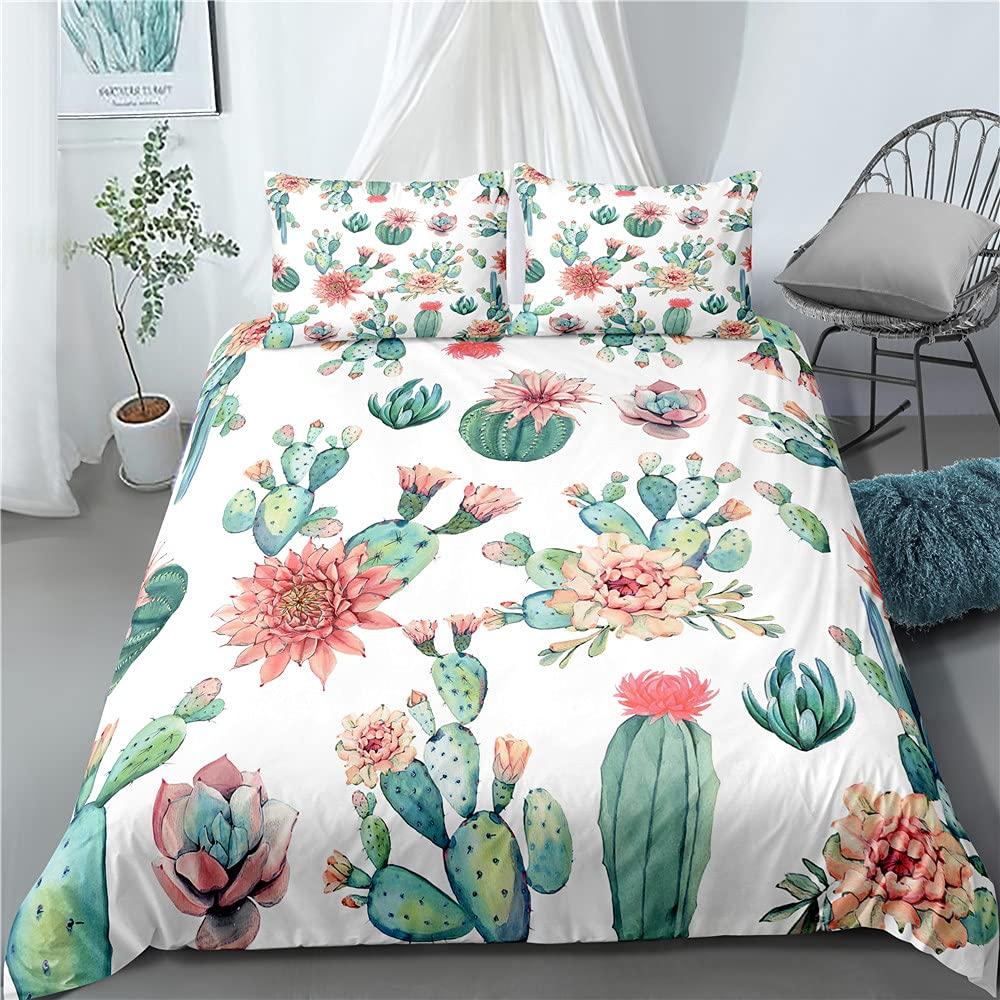 Bright Cactus Duvet Cover Set Full Queen For Girls Boys Green Plants Succulents Bedding Set Nature Art Soft Chic Comforter Cover