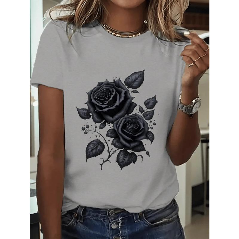Women's Black Rose Floral Print Breathable Stretchy Round Casual Casual Attire & Sports Women's Harajuku Short Sleeve Casual