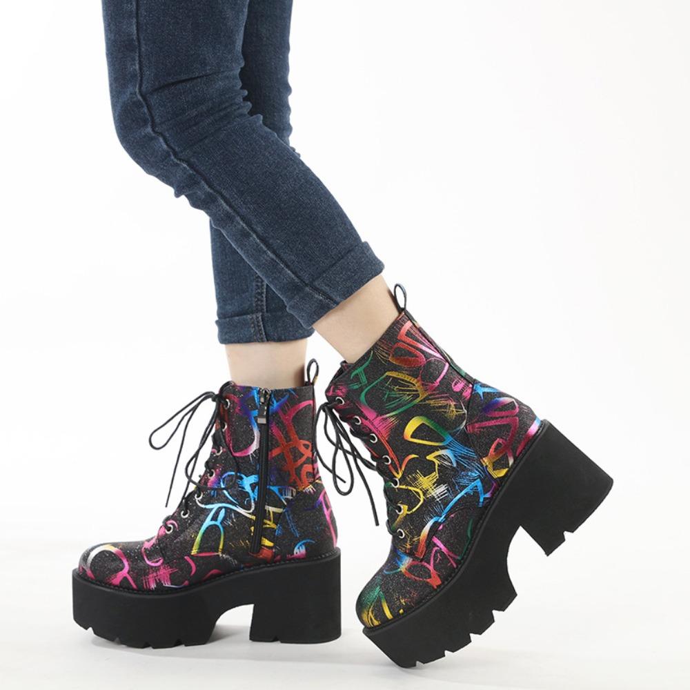 Fashion 2025 Colorful Striped Round Toe Women's Ankle Boots with Velvet Zipper Thick Soled Boots Women Shoes Zapatos De Mujer
