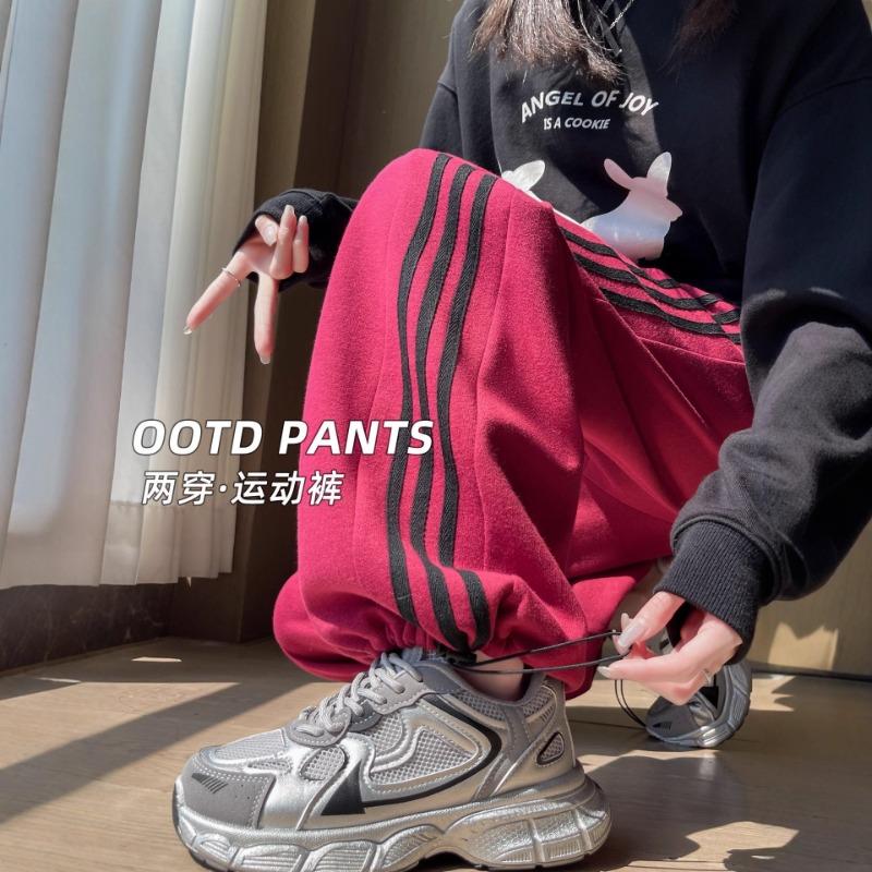 Red striped sweatpants women's small casual straight autumn sweatpants drape loose wide-leg pants