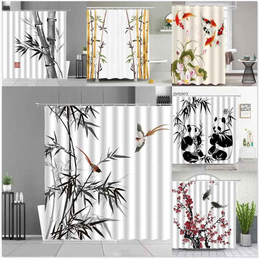 Waterproof Ink Painting Bamboo Leaves Bird Shower Curtains, Mountain Water Plant Landscape, Bathroom Curtain, Home Decor