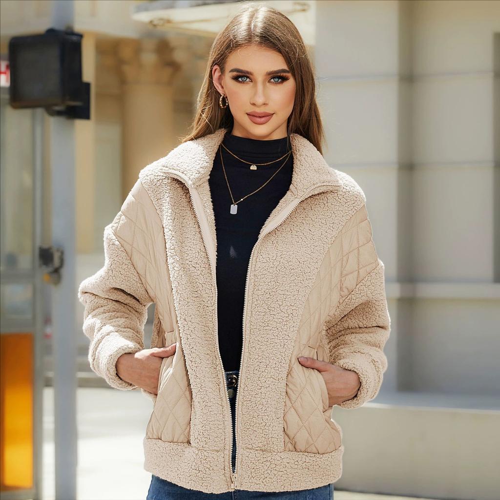 Women's Fall and Winter Long-sleeved Cardigan Zipper Plush Splicing Ladies Short Jacket