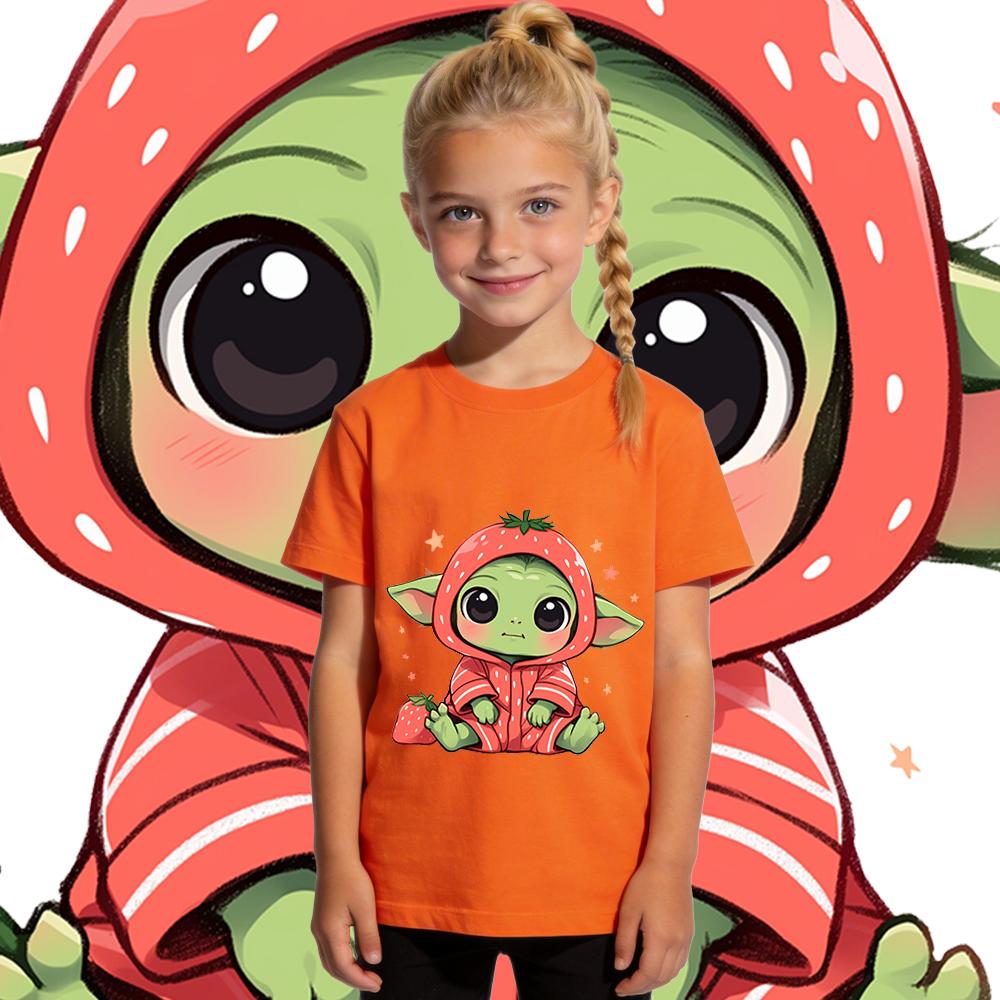 Star Wars Baby Yoda Strawberry Print Girls Cotton T Shirt Casual Summer Top Kids Toddler Clothing Cute