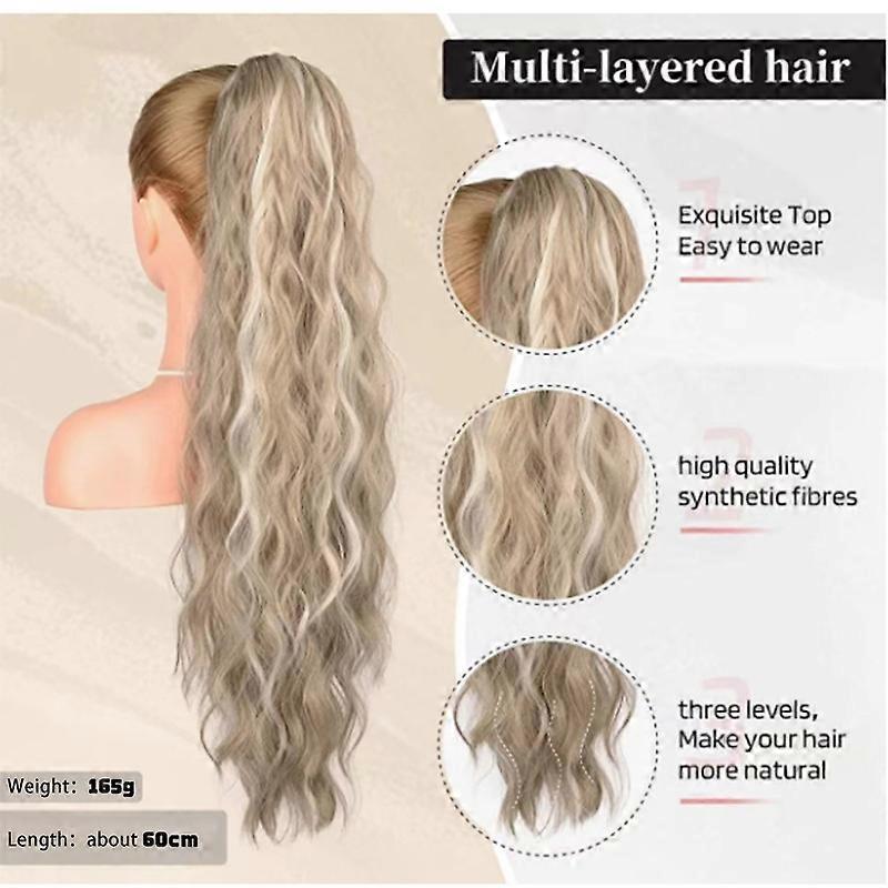 ZENGO Ponytail Extension, 26" Long Beach Wave Drawstring Pony Hair Extension Synthetic Pony Tail Hairpiece for Women - Ash Blonde with Highlights