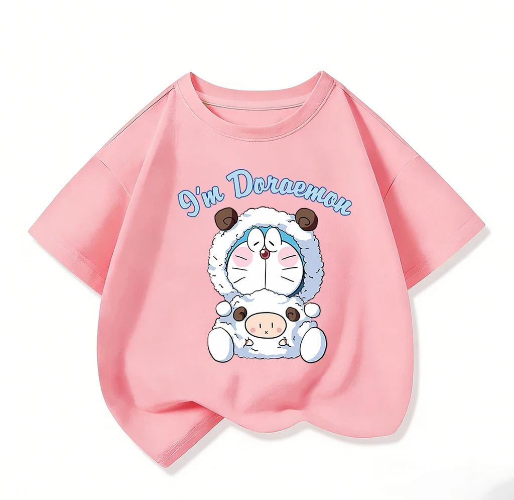 Fashion Short-sleeve T-shirt, Cute Cartoon Print for Summer, Trendy Street Top, Doraemon Children's Clothing