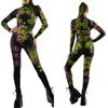 Adults Dancing Stage Party Performance Green Dragon Printing Outfit Women Halloween Cosplay Dress Up Costume Jumpsuit