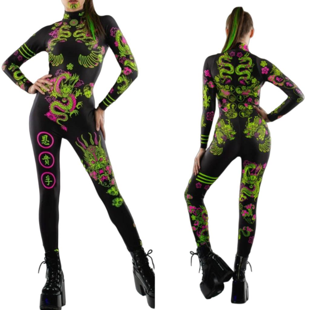 Adults Dancing Stage Party Performance Green Dragon Printing Outfit Women Halloween Cosplay Dress Up Costume Jumpsuit
