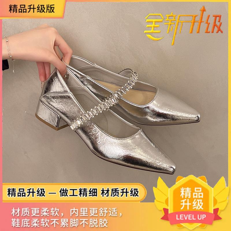 2025 French fairy style pointed high heels new summer temperament versatile thick heel single shoes with skirt women's shoes