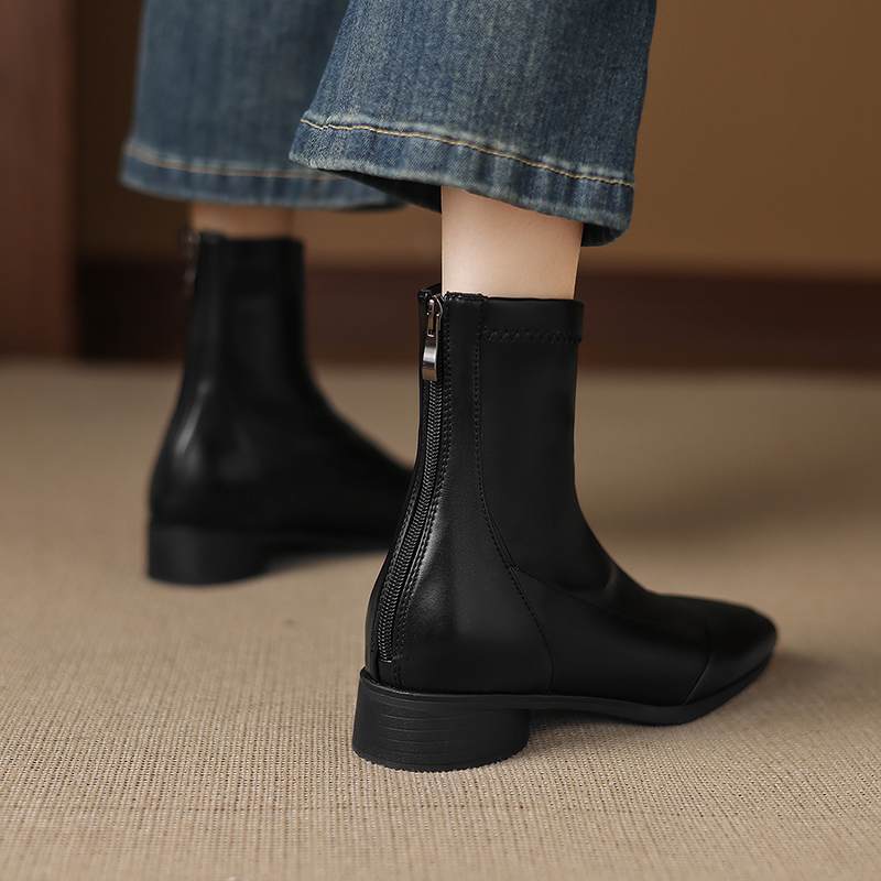 Krazing Pot Microfiber Winter Square Toe Modern Size 33 Boots Size 43 Concise Design Med Heels Zipper Women Ankle Boots