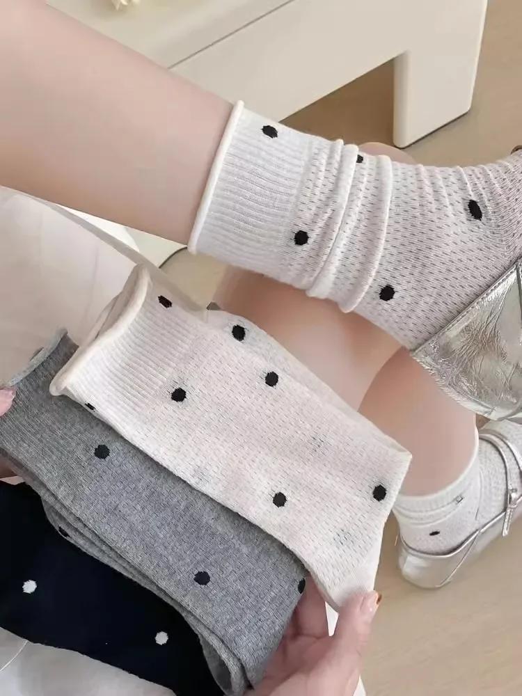 Girls Gift Cute Kawaii Black White Ruffle Sox Fashion Women Polka Dot Socks Spring Summer Thin Female Dot Print Cotton Socks