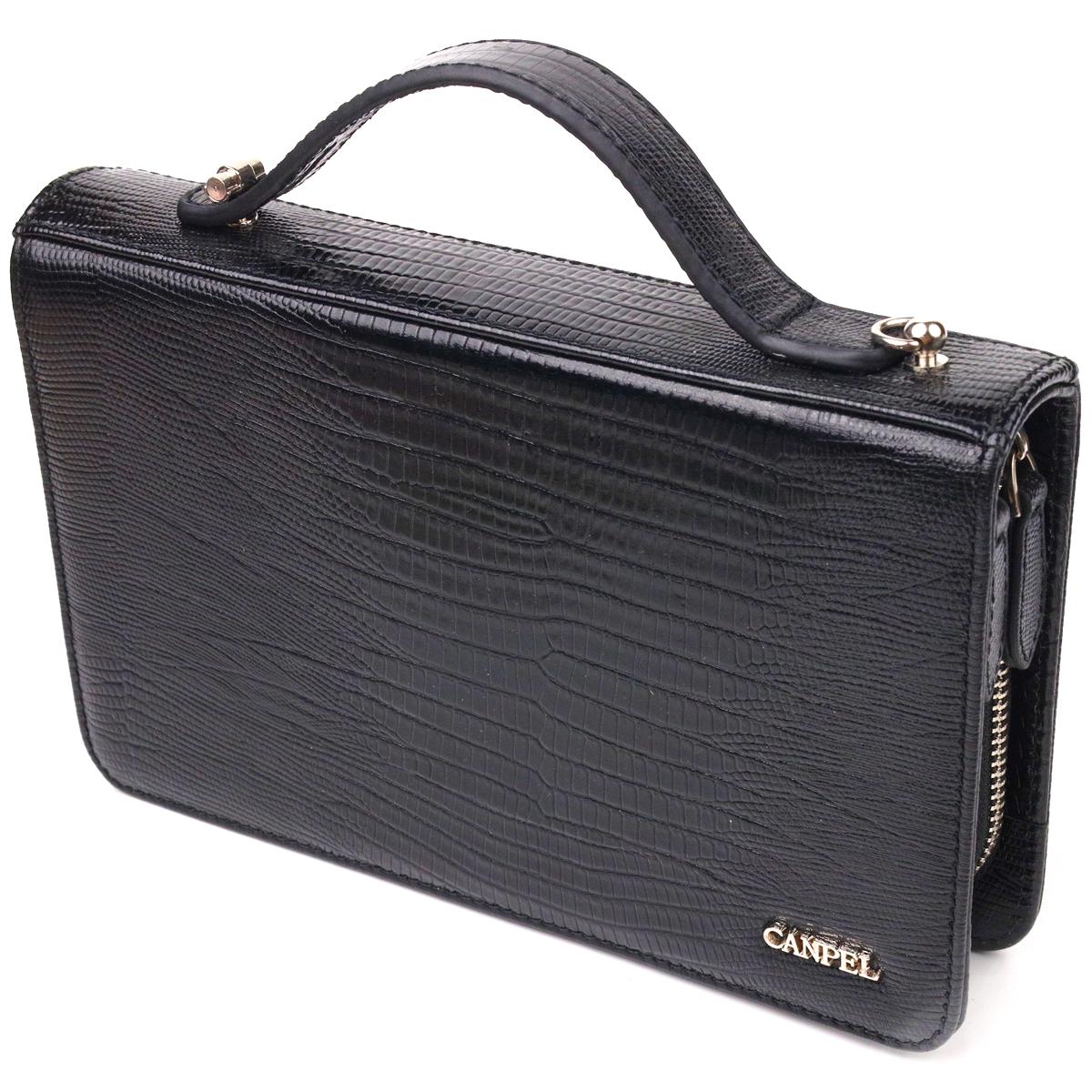 

Незвичайна чоловіча барсетка на два відділення із натуральної фактурної шкіри з тисненням під рептилію CANPELLINI 21571 Чорна
