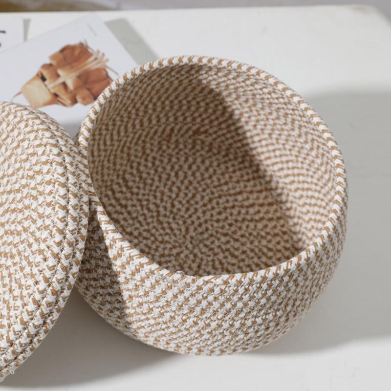 Storage Basket with Lid Key Laundry Round Little Baskets Organizer Shelves Woven Cotton Rope Indoor Pots Plant Decor