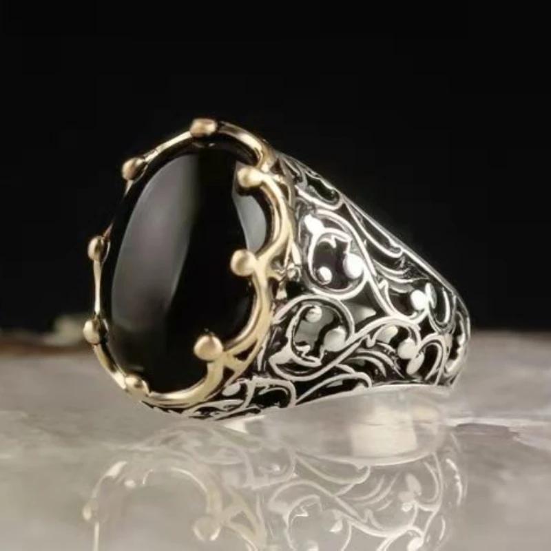 New Punk Turkey Vintage Rings Geometric Oval Black Suitable for Anniversary Party Wedding Men's Rings High-end Luxury Jewelry