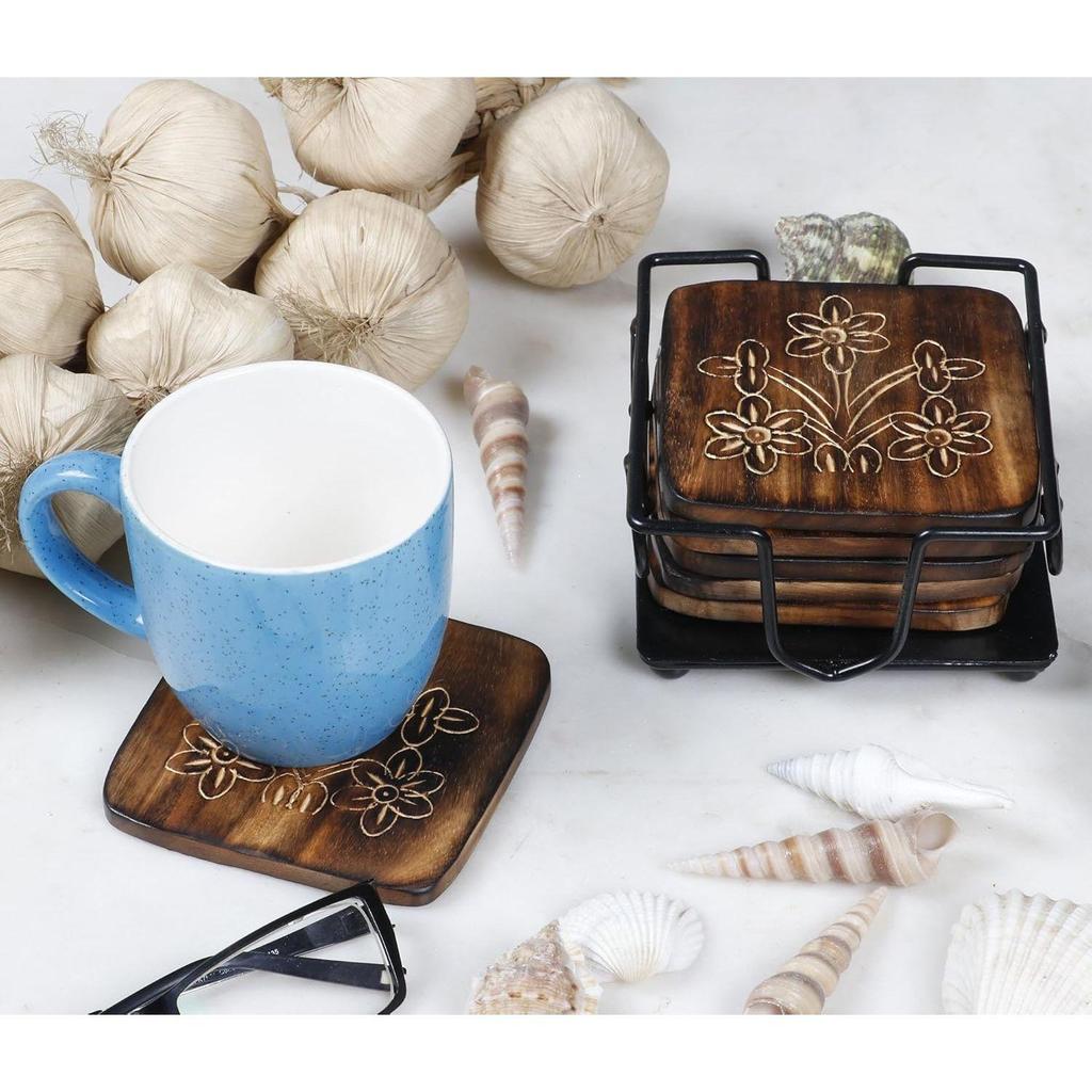 Wooden Coaster Set of 6 with Carved Flower Design on Coaster with Wrought Iron Holder for Coffee Table/Kitchen/Dining Table