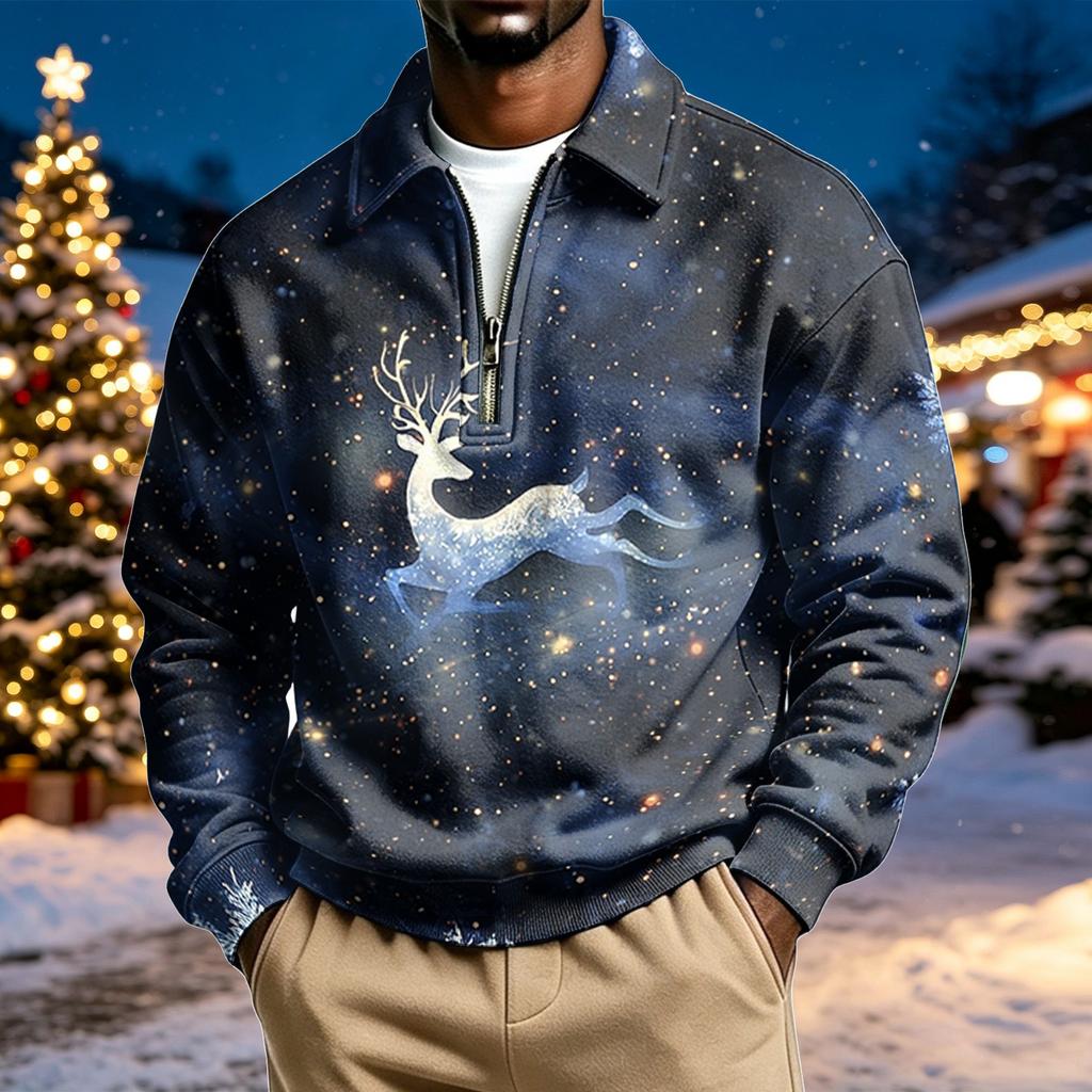 Herren Casual Pullover Sweatshirt mit Kragen und Langarm, Weihnachtsaufdruck