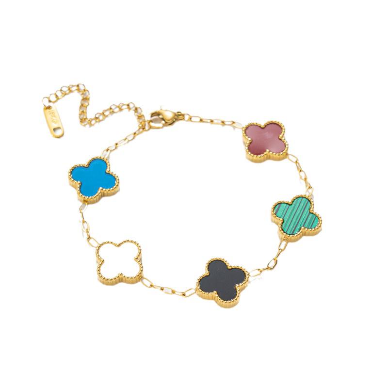 18K Gold Titanium Steel Four-Leaf Clover Double-Sided Bracelet with Five-Color Flowers.