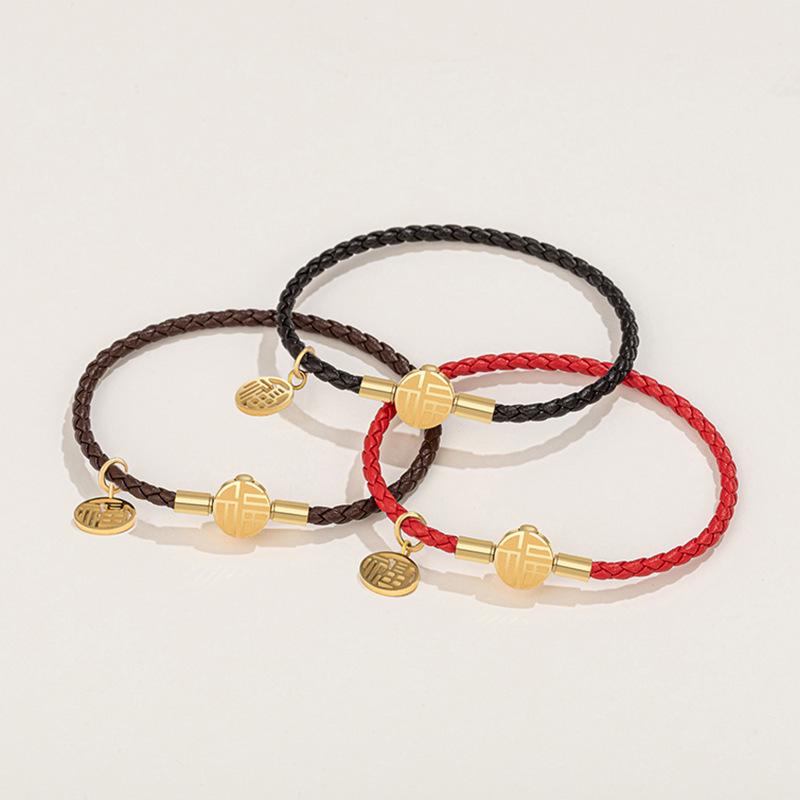 Fu Brand Leather Bracelet with Gold Buckle and Lucky Beads for Men, Women, Couples