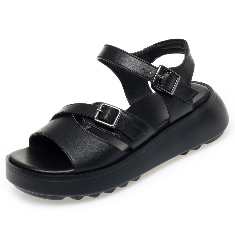 5cm Fashion Comfortable Genuine Leather Sandals Flat Platform Shoes 2025 Women's THick Bottom Sandals for Office Mom Beach