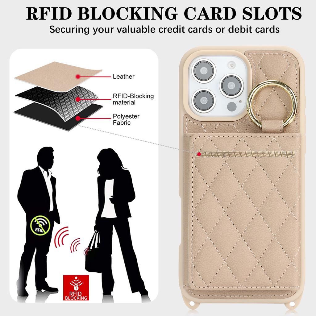 Für iPhone 16 Pro Hülle mit Umhängeband/Spiegel/Kartenhalter Gittermuster RFID-Blockierende Handyhülle