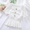 Ruffled Short-sleeve Shirt Nipped Waist Solid Pleated Button Down Top Female Chiffon Blouse Square Neck Chiffon Shirt