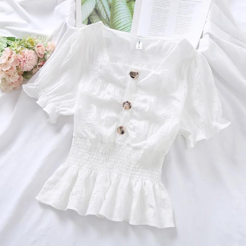 Ruffled Short-sleeve Shirt Nipped Waist Solid Pleated Button Down Top Female Chiffon Blouse Square Neck Chiffon Shirt